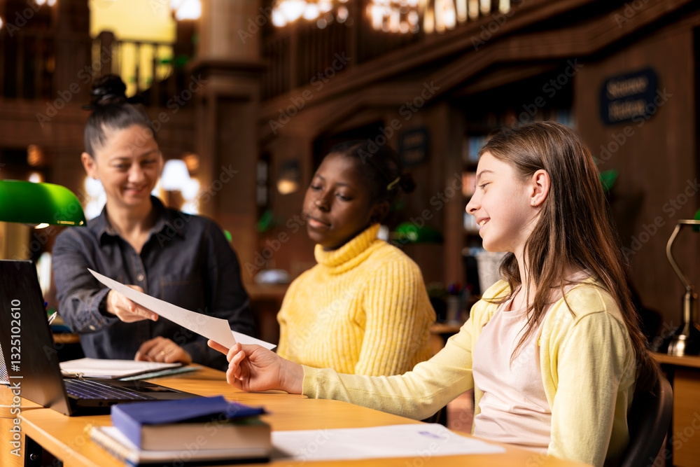 Poster tutor providing accurate learning materials during academic session with schoolgirls, promoting chil