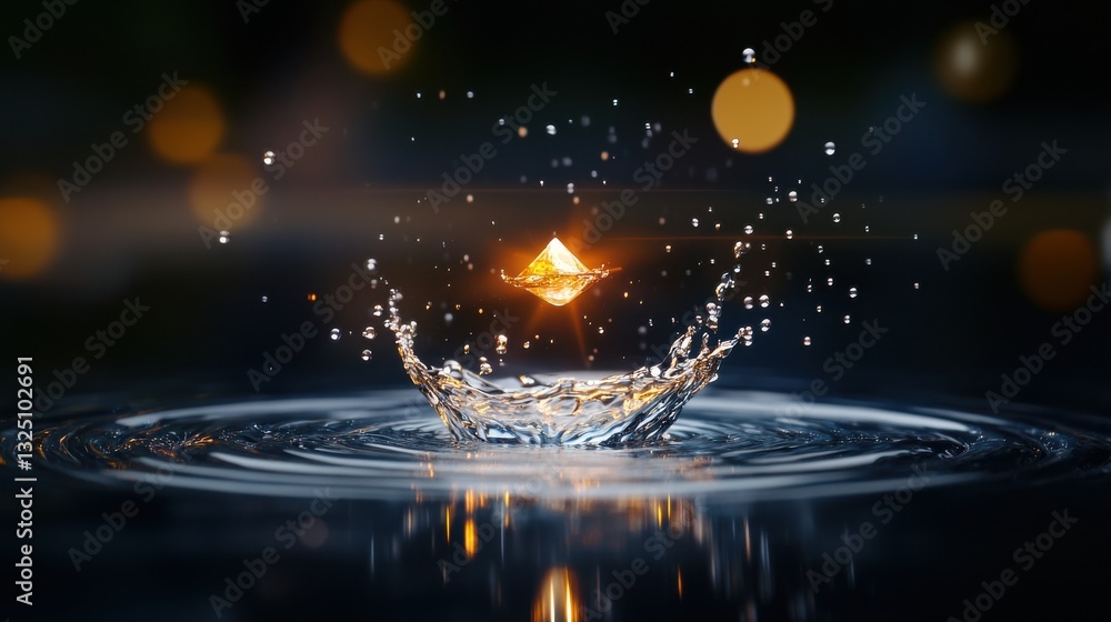 Poster a high-speed shot of a droplet falling into a pool of water, creating a ripple effect