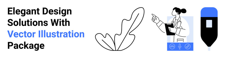 Woman holding a tablet with pen tool, abstract leaf, and UI design elements. Ideal for creative industries, freelance work, branding, design presentations, tutorials, agency ads flat landing page