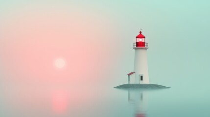 Lighthouse standing guard in tranquil waters under a soft, pastel-colored, misty sky at dusk or dawn.