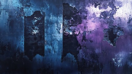 A weathered metal surface shows vibrant blues and purples in patches