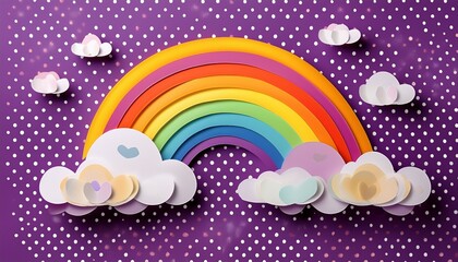 Rainbows and clouds paper crafts on purple dots pattern background. Generated image