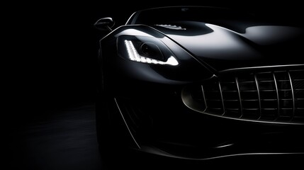 Dark car on black background - mysterious and elegant features of a beautiful car