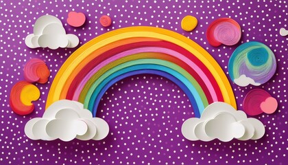 Rainbows and clouds paper crafts on purple dots pattern background. Generated image
