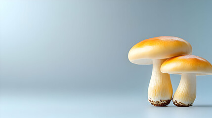 3D Render Golden Mushrooms Light Blue Background