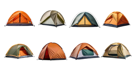 Variety of Camping Tents in Different Colors and Styles on Display, PNG bundle collection, Isolated on Transparent Background