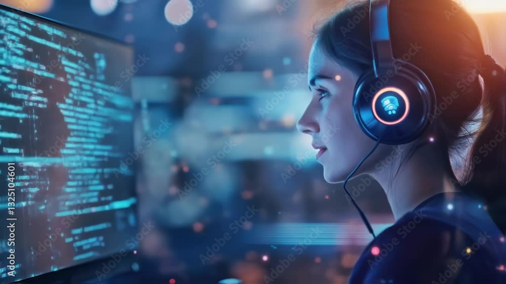 Poster computer programmer wearing headphones, coding in a high tech environment while developing innovativ