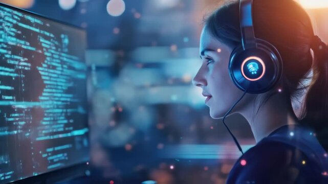 Computer programmer wearing headphones, coding in a high tech environment while developing innovative engineering solutions with cutting edge technology