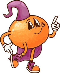 Cartoon groovy orange Halloween wizard fruit character. Isolated vector funky tropical fruit personage dressed in whimsical retro hat and cape exudes joy and magic bringing holiday fun and imagination