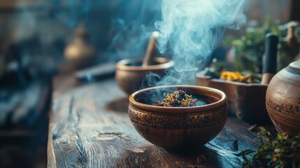 Rustic spices and herbs in wooden bowls