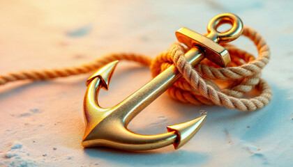 golden anchor with a rope artistically