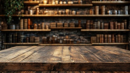 Empty old wood counter with blur bokeh supermarket background for product display.	
