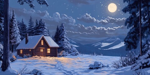 Fototapeta premium A cozy illuminated cabin at night in a snowy winter landscape