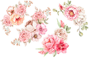 A collection of hand-painted watercolor bouquets in quarter-circle and crescent shapes, featuring pink peonies, roses, and berries. Perfect for adding a touch of romance and elegance to any project.