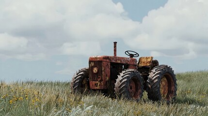 Obraz premium An old rusty tractor sits in a grassy field under clouds