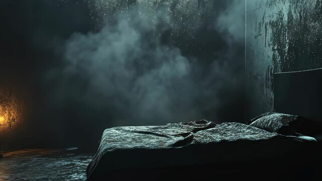 Mysterious fog slowly engulfs a dimly lit vintage bedroom with atmospheric lighting