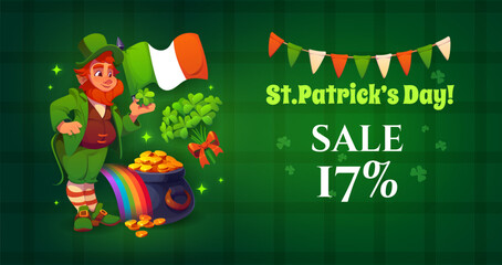 St Patrick day sale banner. Cartoon vector festive advertisement flyer promotes a 17 percent off, featuring cheerful leprechaun holding four leaf clover stands beside pot of gold at the end of rainbow