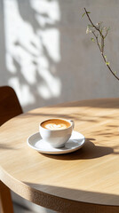 Fototapeta premium Sunlit latte art on wooden table in modern cafe setting