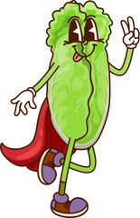 Cartoon groovy Chinese cabbage Halloween wizard vegetable character wearing red magician cape. Isolated vector cheerful veggie sorcerer personage giving a peace sign, and exudes a funky hippie vibe