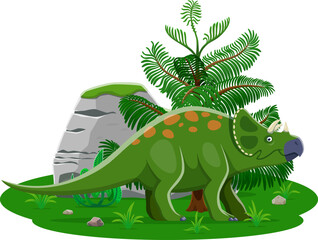 Avaceratops cartoon prehistoric dinosaur character. Isolated vector herbivore friendly dino at lush landscape with ferns, rocks and foliage. Ancient reptile animal at Late Cretaceous era scene