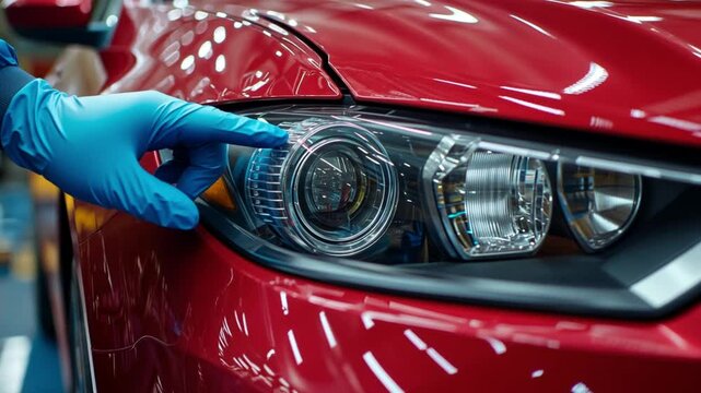Close-up of a gloved hand inspecting a red car's headlight during manufacturing. Highlighting automotive production and quality control.