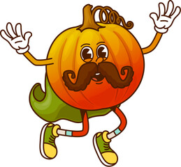 Cartoon groovy pumpkin Halloween wizard vegetable character with a large mustache, playfully waving its arms. Isolated vector veggie retro personage wears green sneakers and has an expressive face