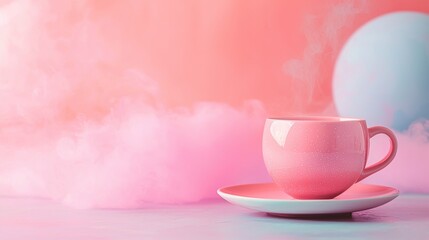 Fototapeta premium Pink cup with steam on a pastel background