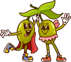 Cartoon groovy Halloween two olive vegetable characters, adorned in fun outfits with wizard cape and fairy dress, smiling and waving cheerfully. Vector quirky personages radiates friendly party energy