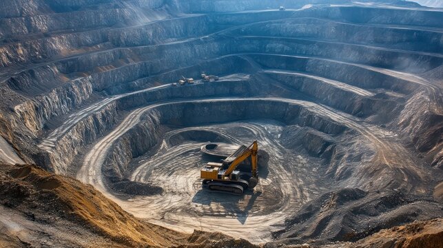 Vast open-pit mine featuring colossal terraced levels, showcasing heavy machinery in action