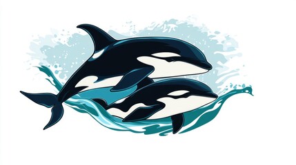 Obraz premium Two Orcas Swimming in Teal Water Pixel Art