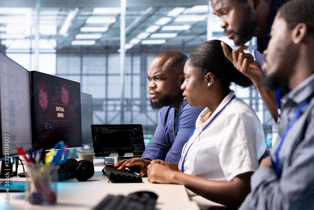 Poster team of engineers gathered together at pc in server farm to fight hacker passing firewall and steali