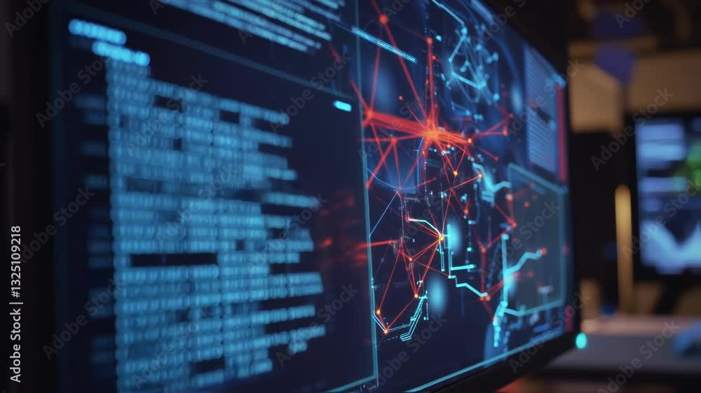 Poster complex network data analysis and innovative manufacturing processes are visualized on a computer sc