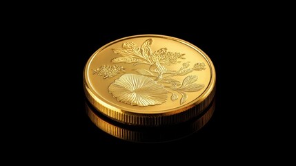 A detailed image shows a gold coin with detailed floral carvings