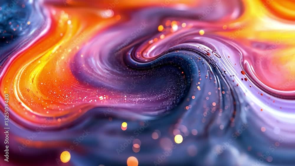 Poster vibrant abstract swirl showcasing a blend of colors with shimmering particles. ideal for creative pr