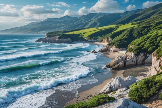 Breathtaking Coastal Scenery with Ocean Waves and Lush Shoreline for Nature Lovers and Vacation Relaxation