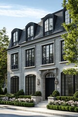 This sophisticated and contemporary brick residence features expansive windows that invite natural light and is surrounded by meticulously maintained gardens, all set in a prestigious neighborhood.