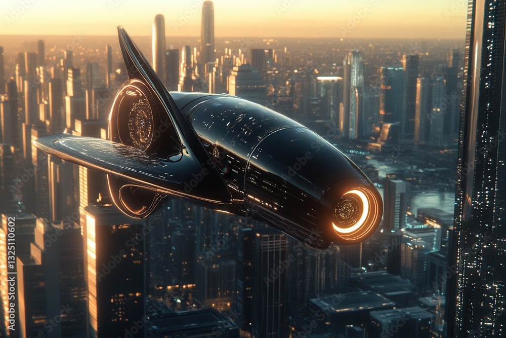 Poster futuristic spaceship soaring over a stunning cityscape at sunset with a glowing engine illuminating 