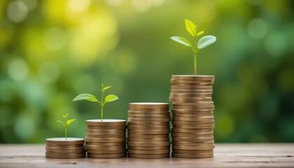 Stacks of coins with green plants symbolize financial growth and investment.