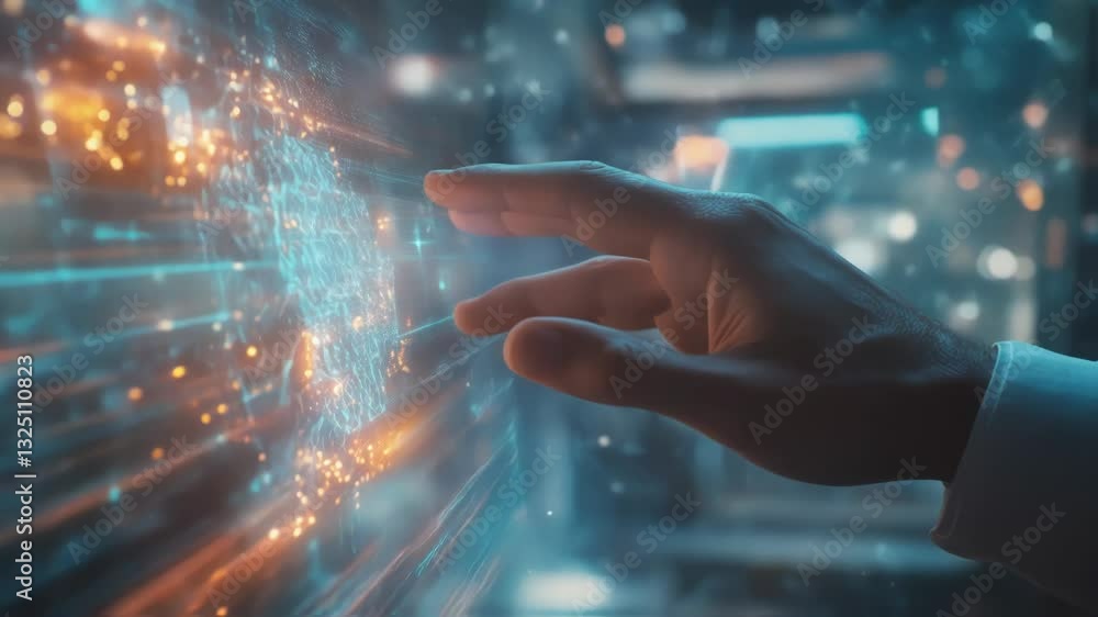 Poster businessman interacts with futuristic holographic interface, navigating complex data visualizations 