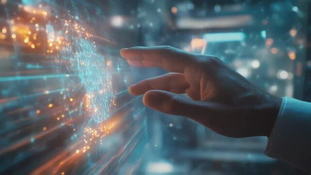 Businessman interacts with futuristic holographic interface, navigating complex data visualizations within a high tech server room environment