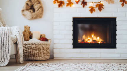 Cozy autumn living room with lit fireplace and fall decor elements