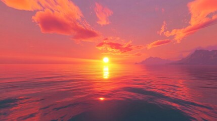Fototapeta premium Vibrant Red Sunset Over Calm Ocean