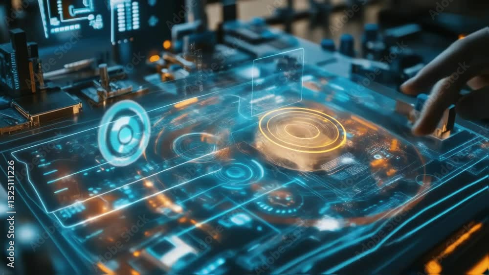Poster engineer interacts with a futuristic holographic interface, manipulating data and controls with prec