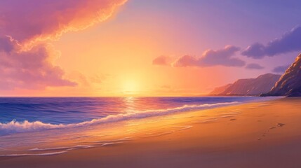 Fototapeta premium Serene Sunset Beach Landscape: Vibrant Orange And Purple Sky Over Calm Ocean Waves