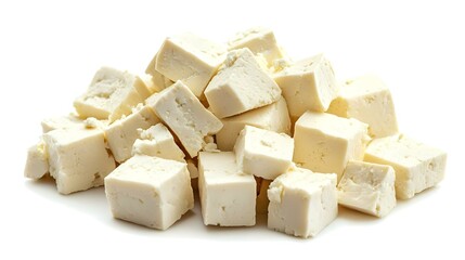 Heap of diced tofu cheese isolated on white