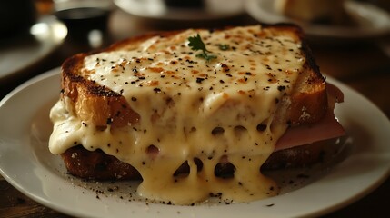 French Croque Monsieur Sandwich A toasted ham and cheese sandwich covered in creamy b&eacute;chamel sauce