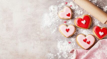 Heart-shaped valentine cookies with pink and red icing on a floured surface