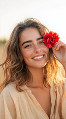 Naklejka premium Smiling young caucasian female with red flower in hair, sunset background