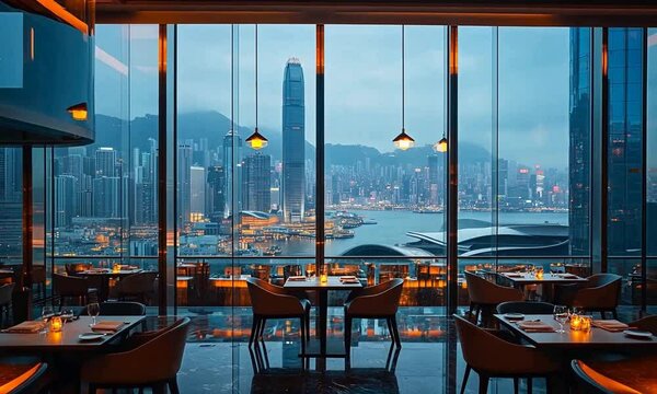 Elegant dining setting in a high-rise restaurant overlooking the illuminated skyline of Hong Kong at dusk
