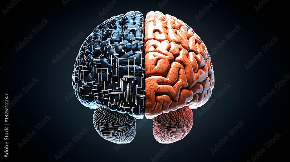 Poster digital 3d render of human brain with pixelated texture in blue and brown colors on dark background